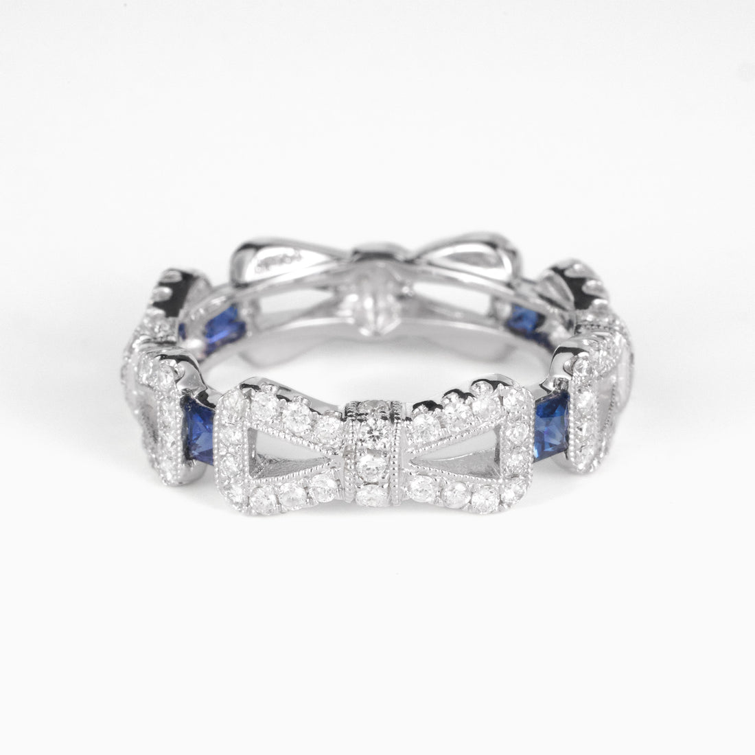18K White Gold Band Ring with Natural Blue Sapphires and Diamonds