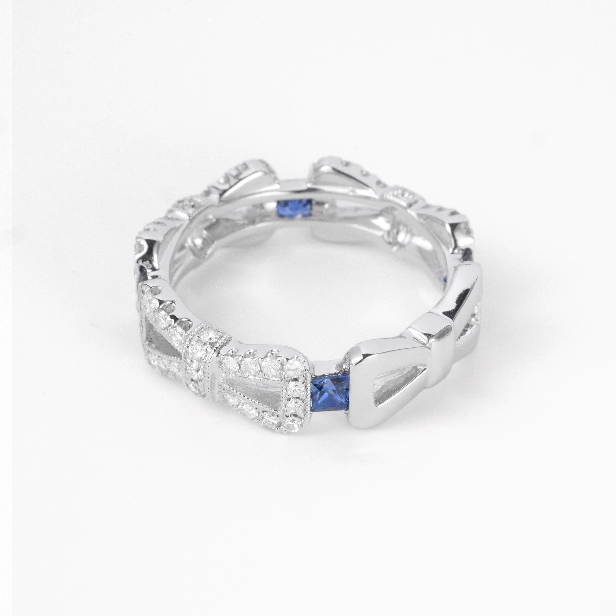 18K White Gold Band Ring with Natural Blue Sapphires and Diamonds - JewelryAndStore