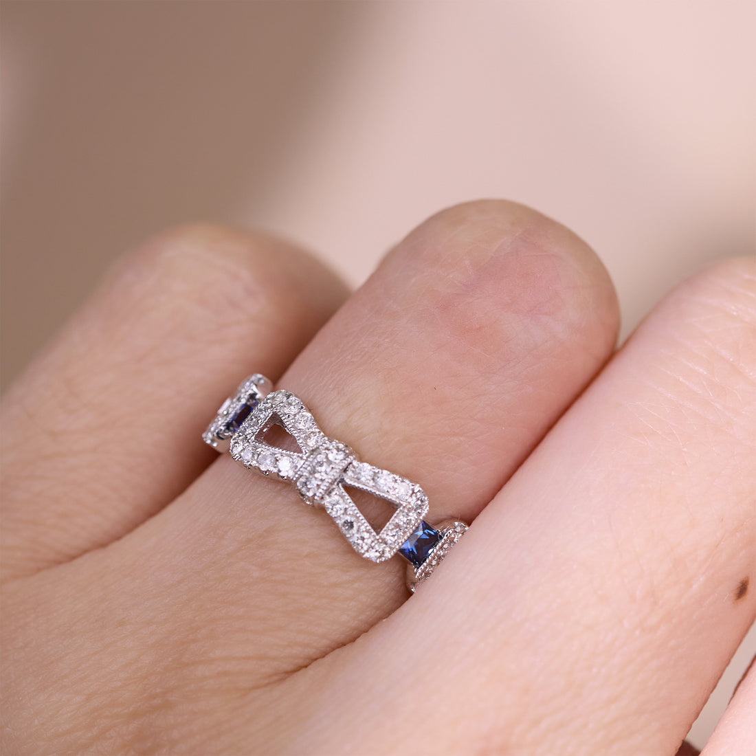 18K White Gold Band Ring with Natural Blue Sapphires and Diamonds - JewelryAndStore