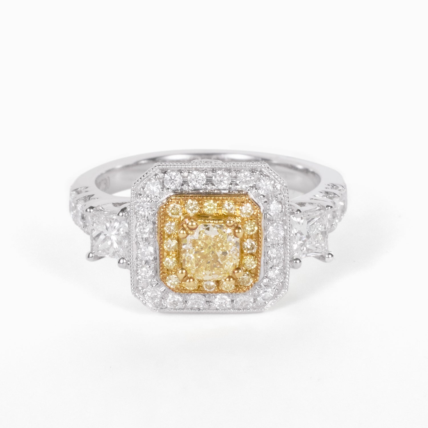 18K Gold Two - Tone Halo Ring with 1.02ct. Natural Yellow Diamond - JewelryAndStore