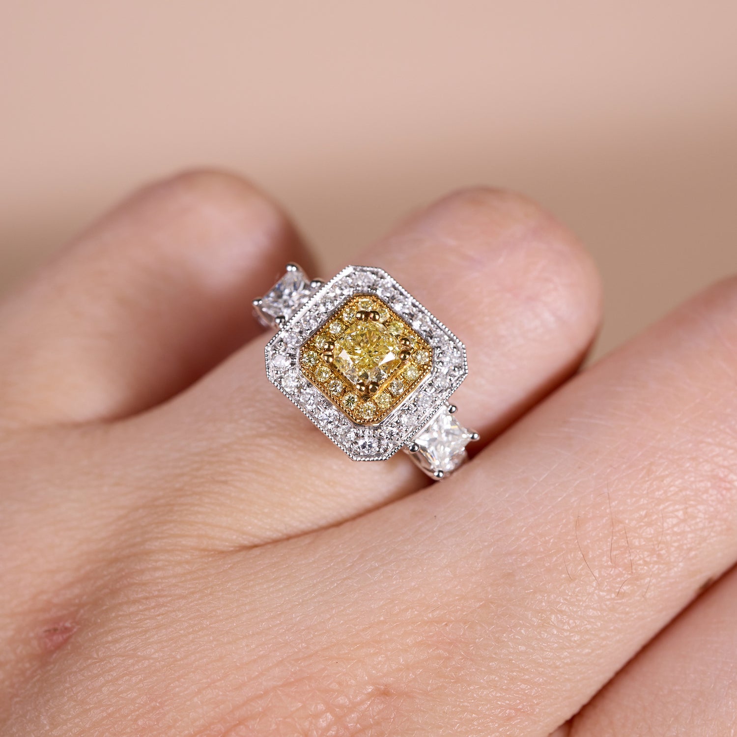 18K Gold Two - Tone Halo Ring with 1.02ct. Natural Yellow Diamond - JewelryAndStore