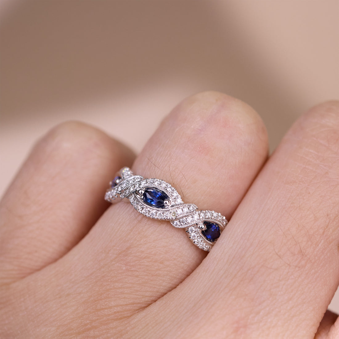 18K Gold Infinity Design Band with 0.49ct.tw.Blue Sapphires and Diamonds - JewelryAndStore