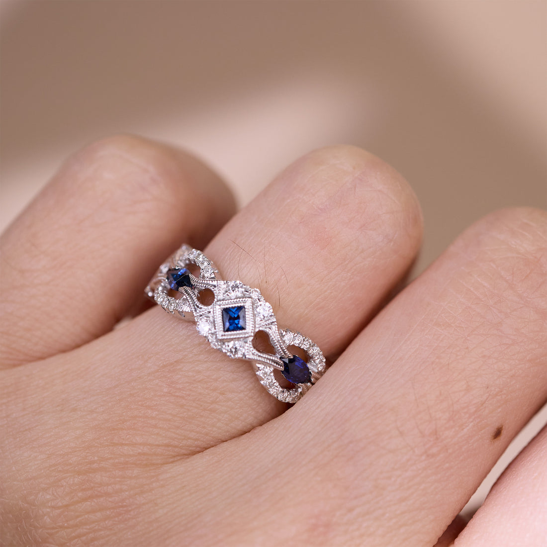 18K White Gold Royal Band with 0.85ct. Blue Sapphires and Diamonds - JewelryAndStore