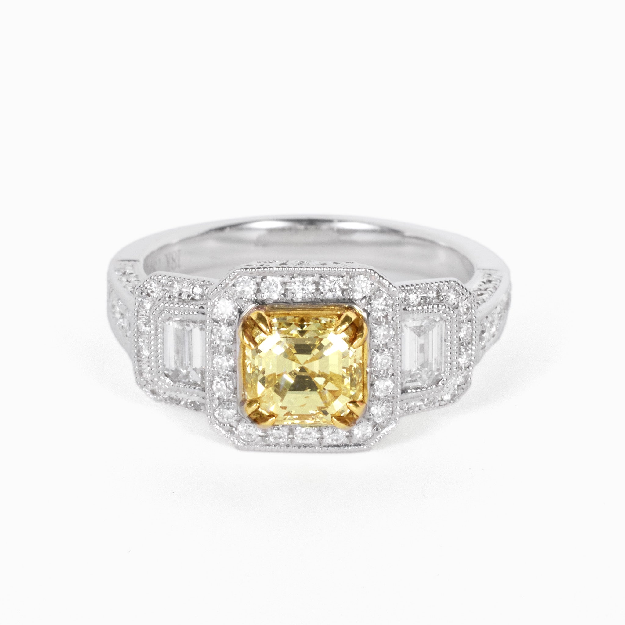 18K Gold Two - Tone Art Deco Halo Ring with 0.42ct. Natural Yellow Diamonds - JewelryAndStore