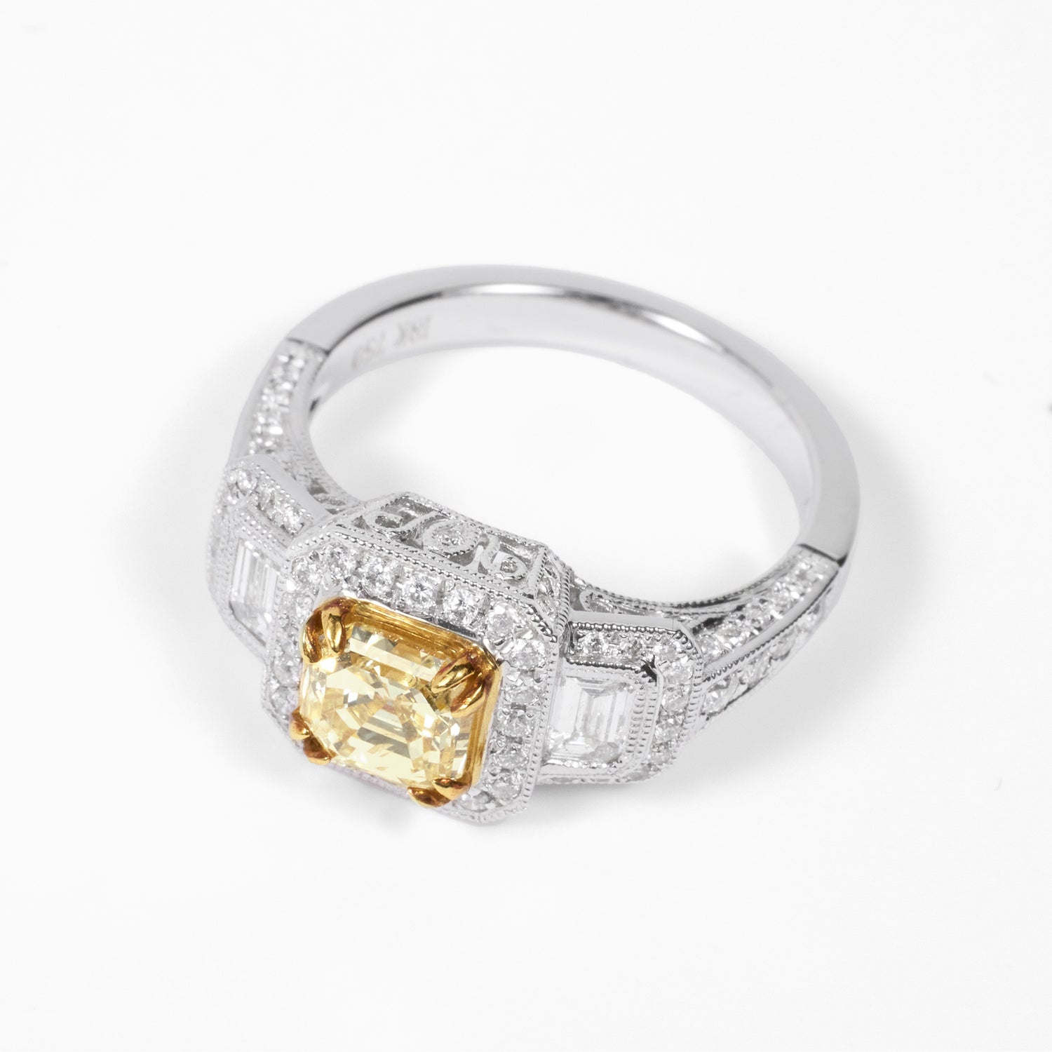18K Gold Two - Tone Art Deco Halo Ring with 0.42ct. Natural Yellow Diamonds - JewelryAndStore