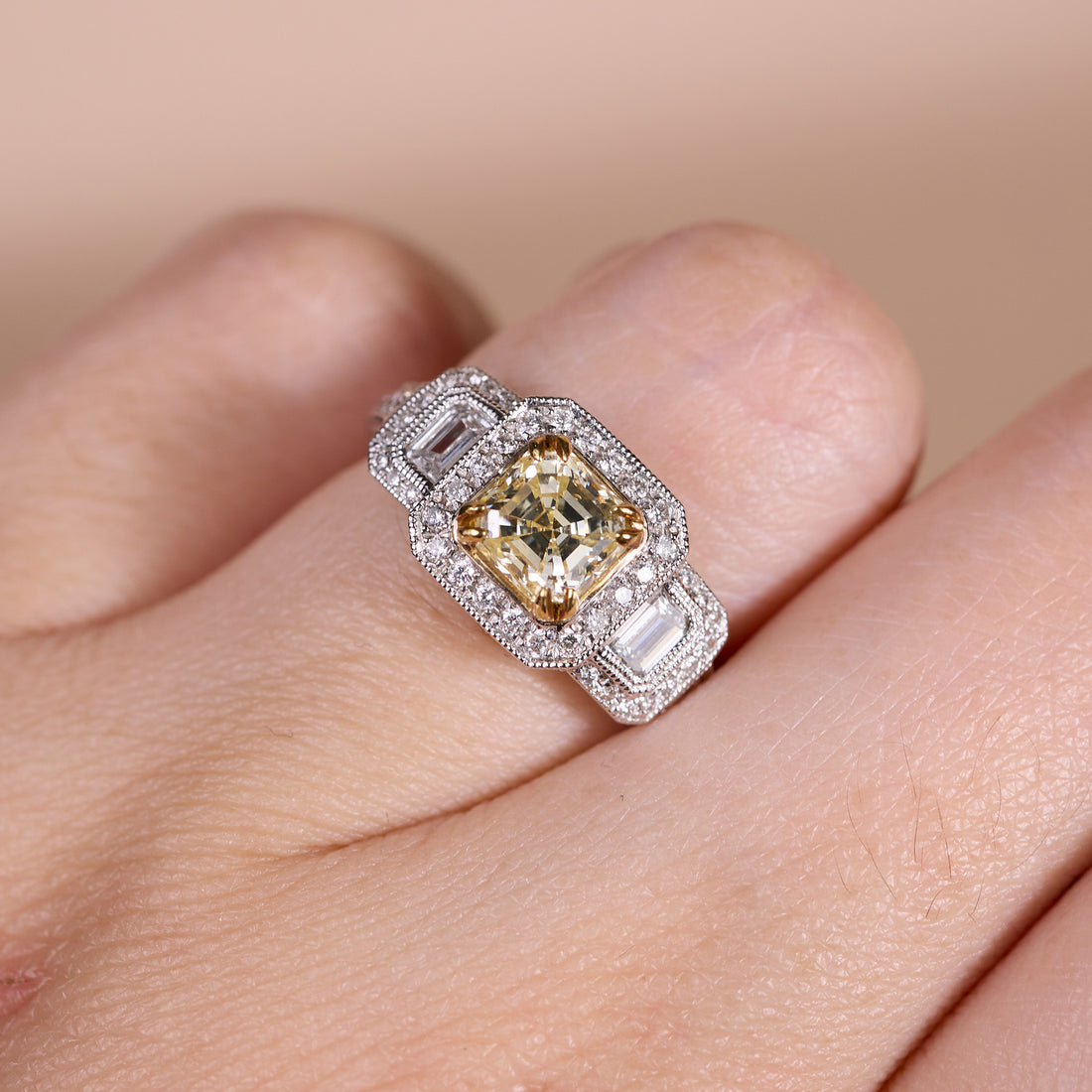 18K Gold Two - Tone Art Deco Halo Ring with 0.42ct. Natural Yellow Diamonds - JewelryAndStore