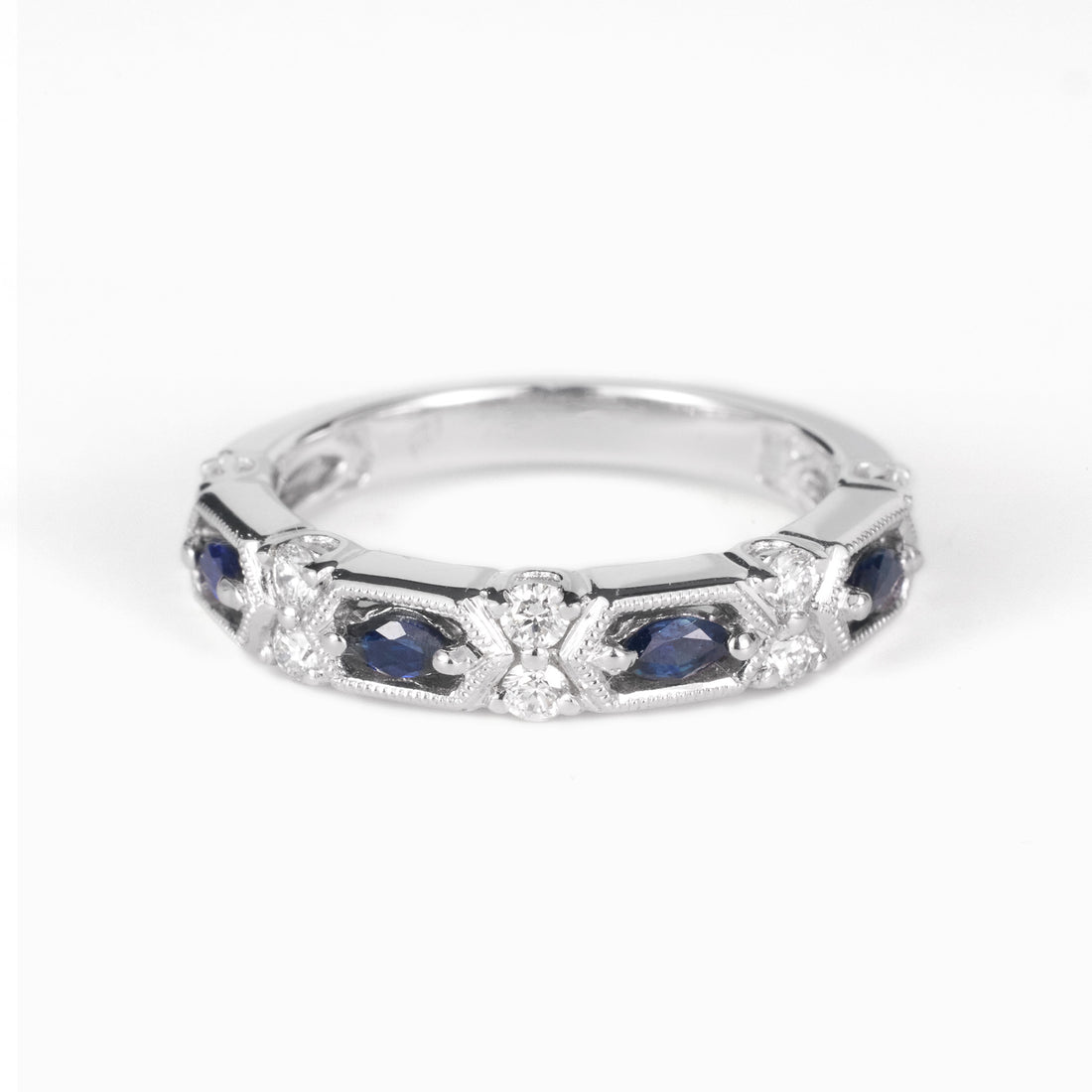 18K White Gold Milgrain Band with 0.34ct.tw. Blue Sapphire and Diamond Details
