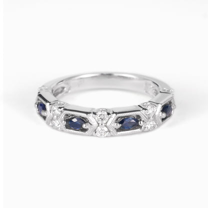18K White Gold Milgrain Band with 0.34ct.tw. Blue Sapphire and Diamond Details - JewelryAndStore