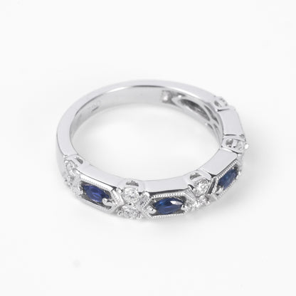 18K White Gold Milgrain Band with 0.34ct.tw. Blue Sapphire and Diamond Details - JewelryAndStore