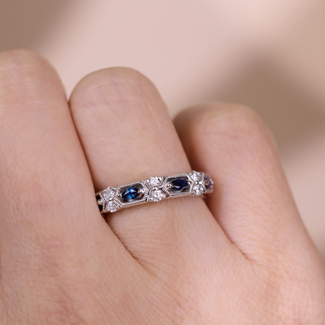 18K White Gold Milgrain Band with 0.34ct.tw. Blue Sapphire and Diamond Details - JewelryAndStore