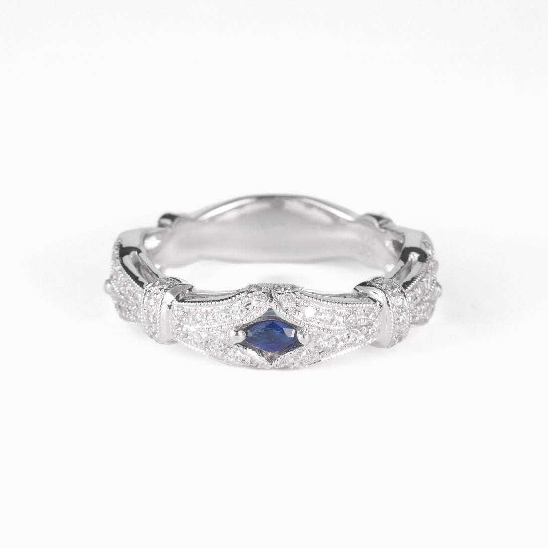 Vintage Style Natural Diamond and Blue Sapphire Band Ring in 18K White Gold - JewelryAndStore