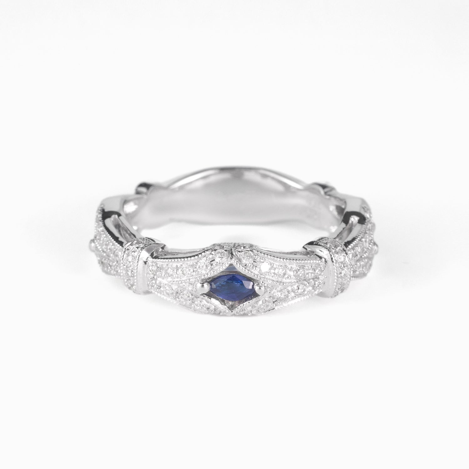 Vintage Style Natural Diamond and Blue Sapphire Band Ring in 18K White Gold - JewelryAndStore