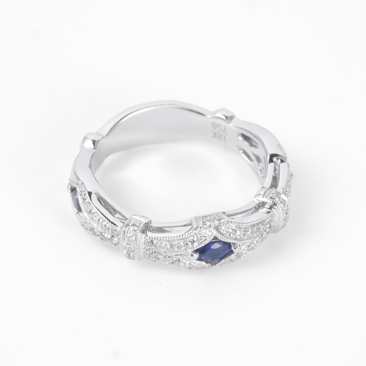 Vintage Style Natural Diamond and Blue Sapphire Band Ring in 18K White Gold - JewelryAndStore