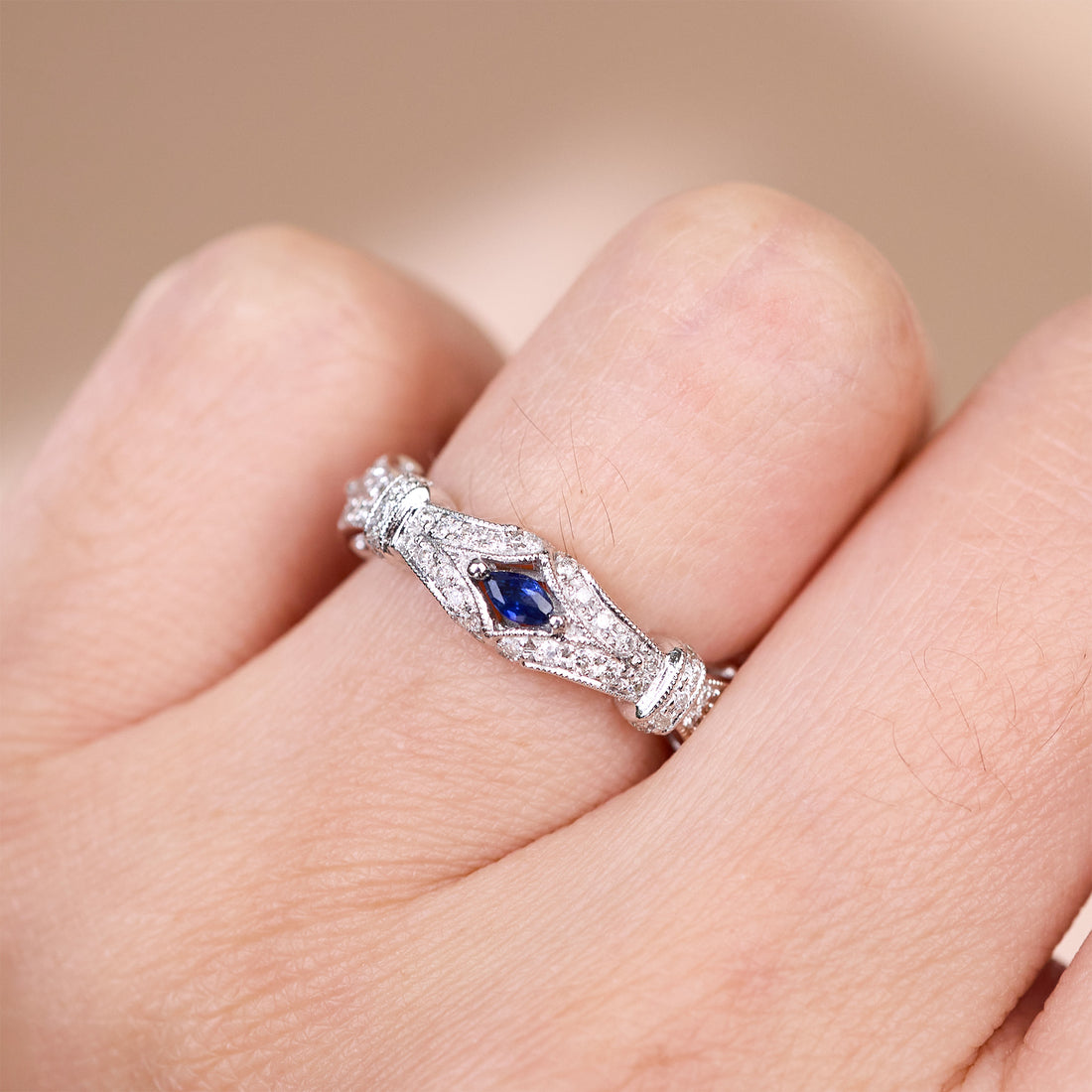Vintage Style Natural Diamond and Blue Sapphire Band Ring in 18K White Gold - JewelryAndStore
