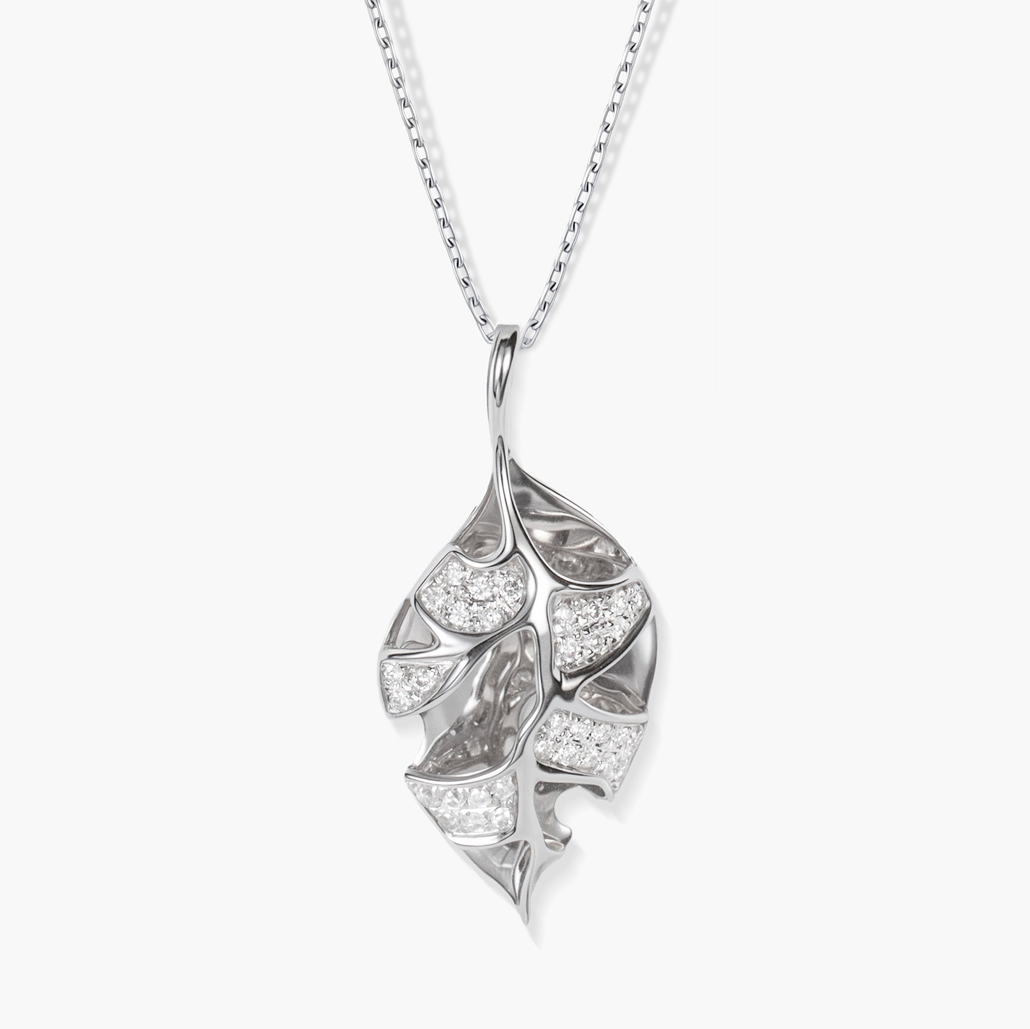 18K White Gold Leaf Pendant with Natural Diamonds - JewelryAndStore