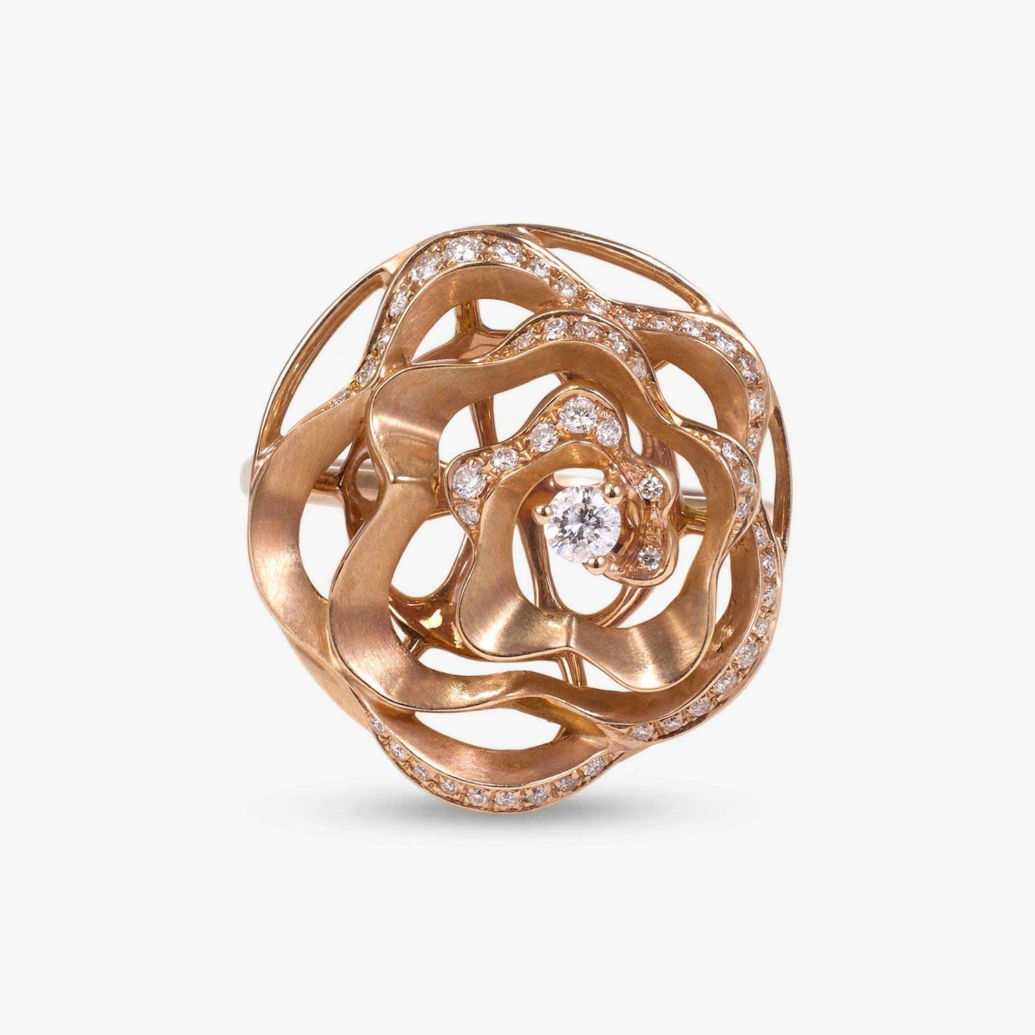 Natural Diamond Openwork Floral Ring in Brushed 18K Gold - JewelryandStore