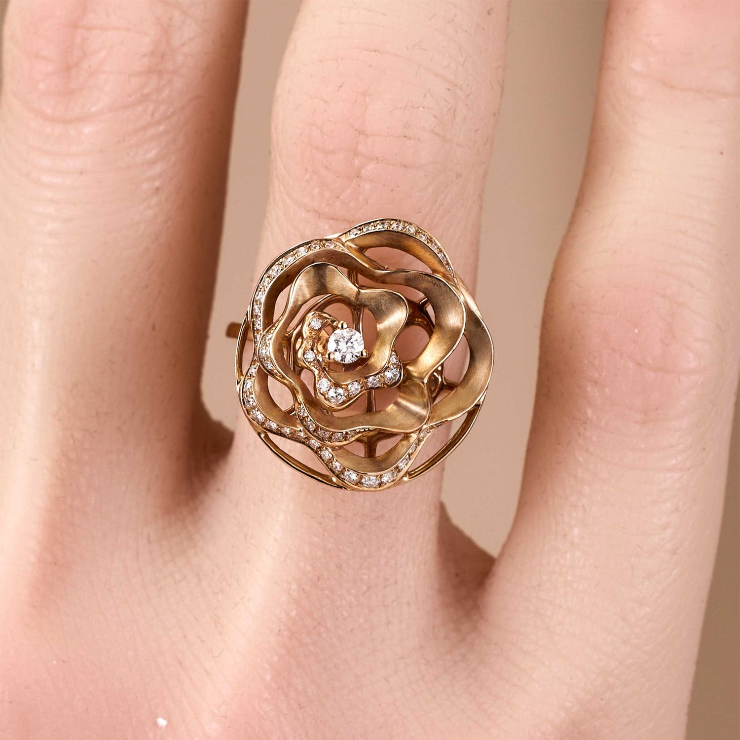Natural Diamond Openwork Floral Ring in Brushed 18K Gold - JewelryandStore