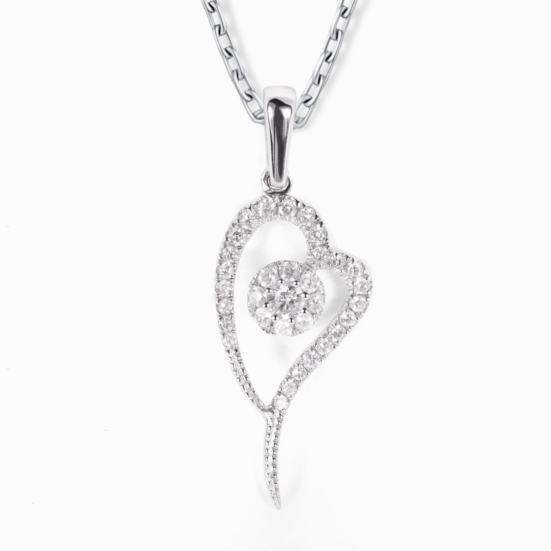 18K White Gold Heart Pendant with Natural Diamonds - JewelryAndStore
