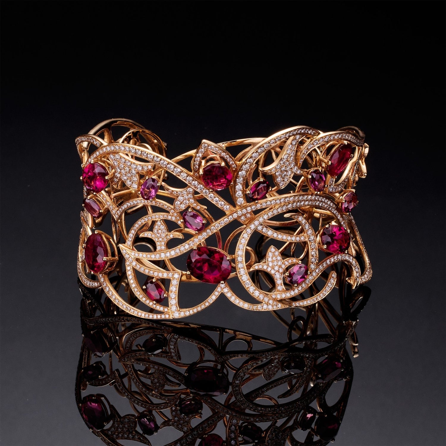 18K Rose Gold Bangle with Natural Rubies, Rubellites &amp; Diamonds