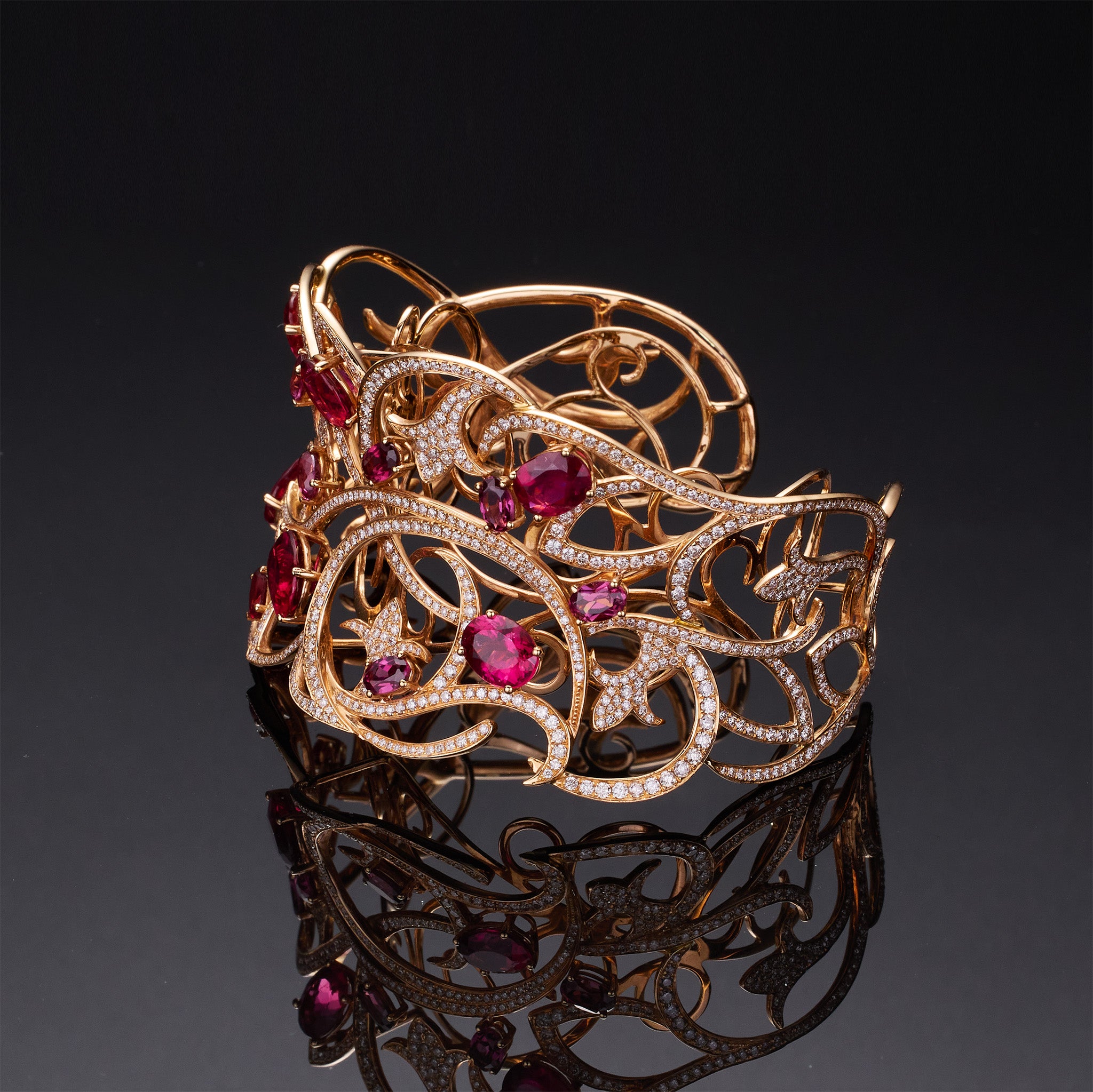 18K Rose Gold Bangle with Natural Rubies, Rubellites &amp; Diamonds