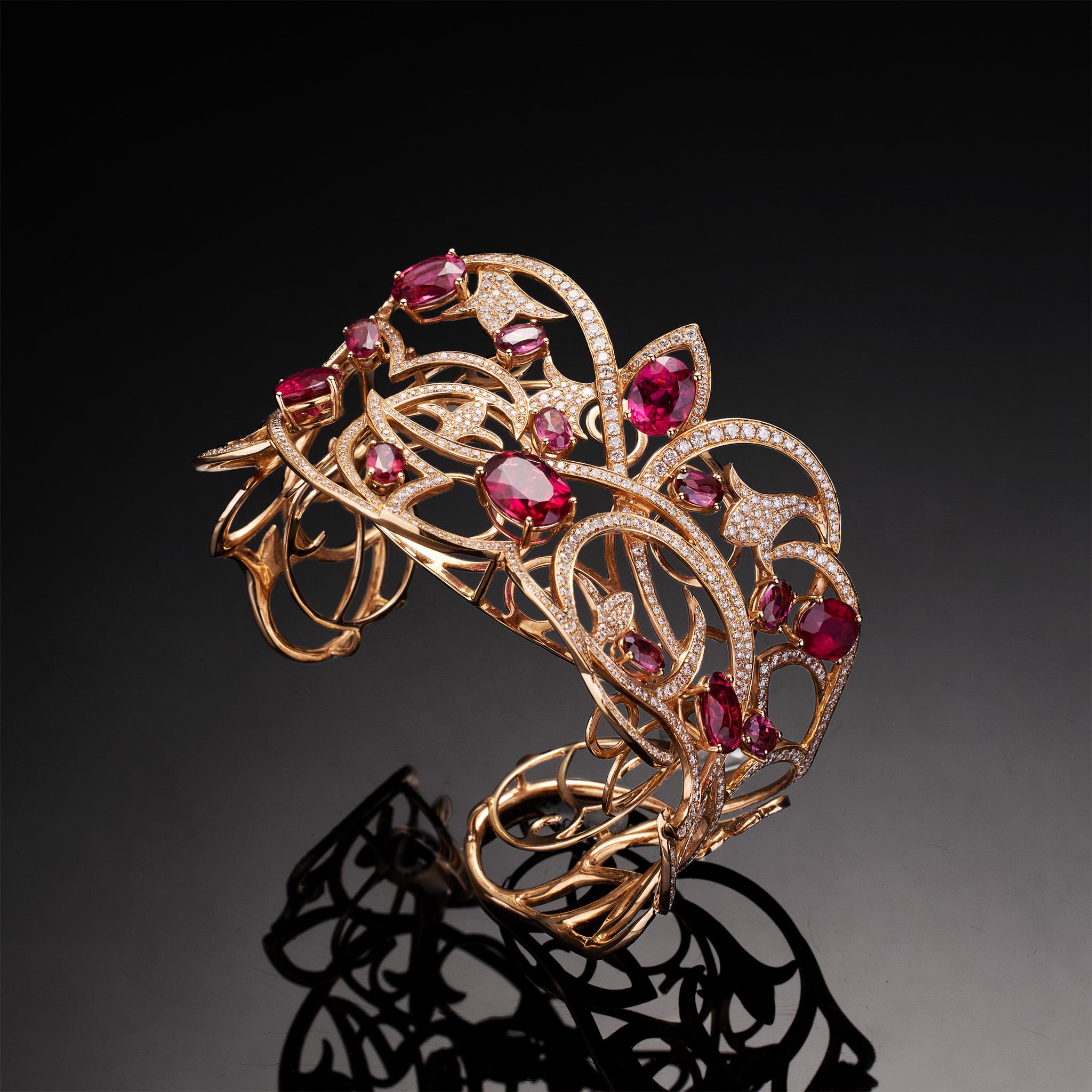 18K Rose Gold Bangle with Natural Rubies, Rubellites &amp; Diamonds