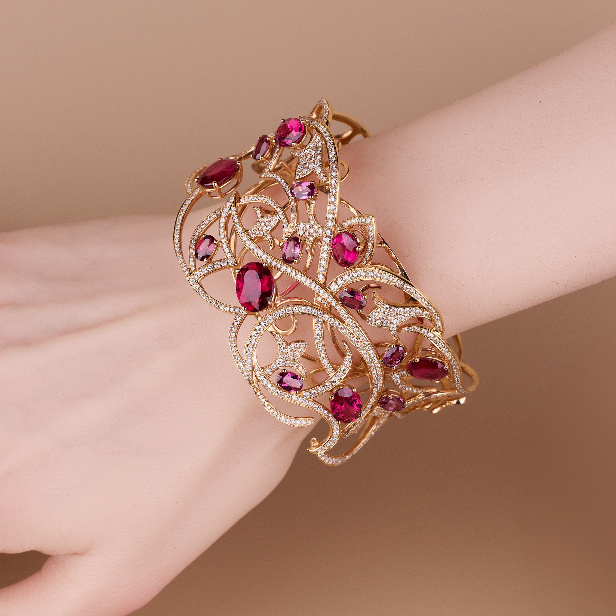 18K Rose Gold Bangle with Natural Rubies, Rubellites &amp; Diamonds