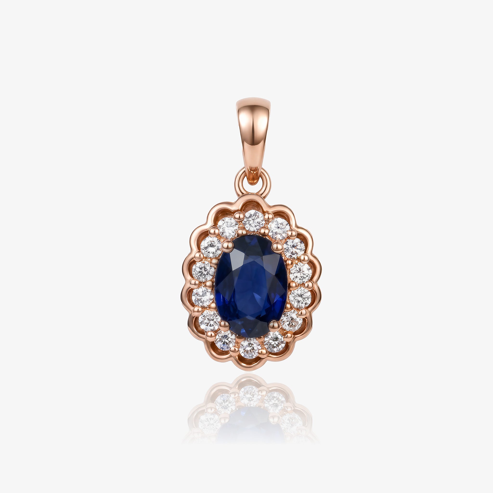0.90ct Natural Blue Sapphire Floral Halo Pendant in 14K Rose Gold - JewelryAndStore
