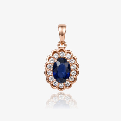 0.90ct Natural Blue Sapphire Floral Halo Pendant in 14K Rose Gold - JewelryAndStore