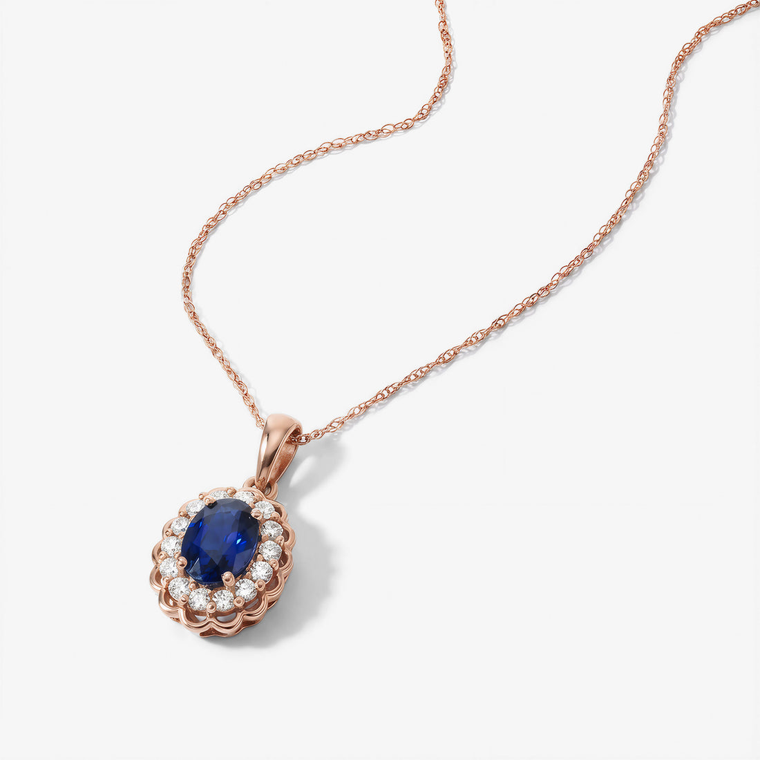 0.90ct Natural Blue Sapphire Floral Halo Pendant in 14K Rose Gold - JewelryAndStore