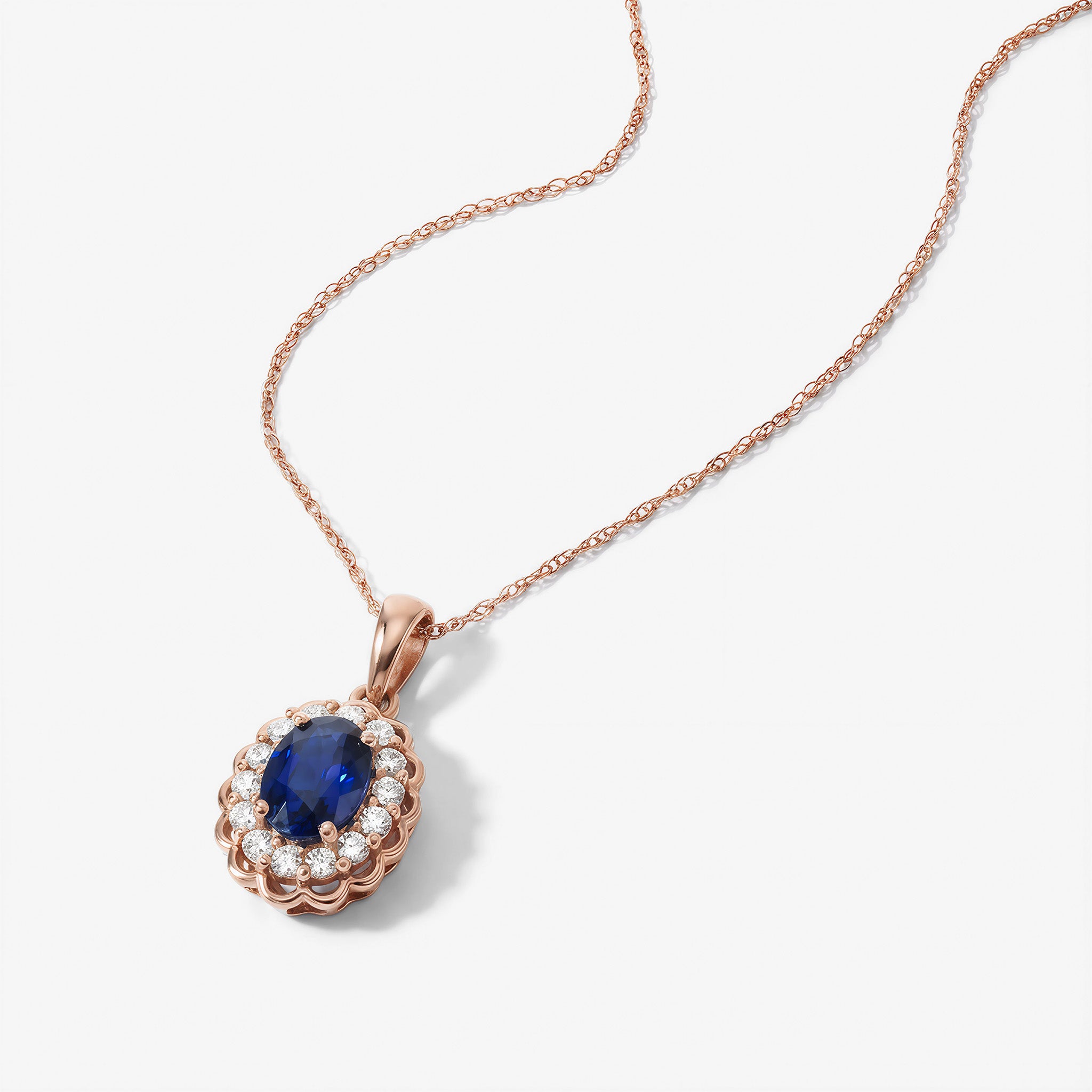 0.90ct Natural Blue Sapphire Floral Halo Pendant in 14K Rose Gold - JewelryAndStore