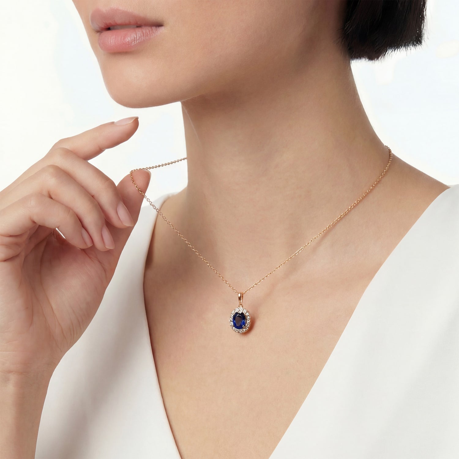 0.90ct Natural Blue Sapphire Floral Halo Pendant in 14K Rose Gold - JewelryAndStore