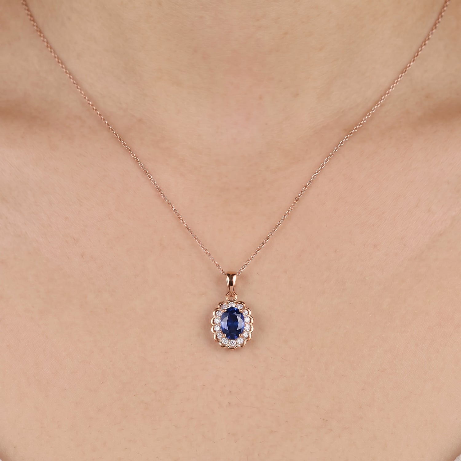 0.90ct Natural Blue Sapphire Floral Halo Pendant in 14K Rose Gold - JewelryAndStore