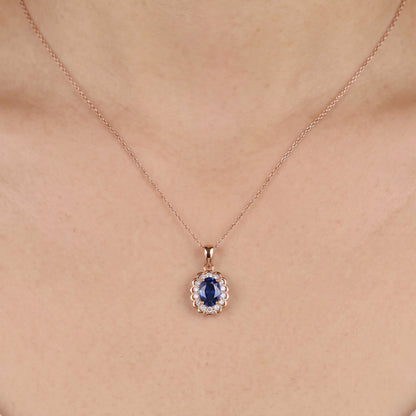 0.90ct Natural Blue Sapphire Floral Halo Pendant in 14K Rose Gold - JewelryAndStore