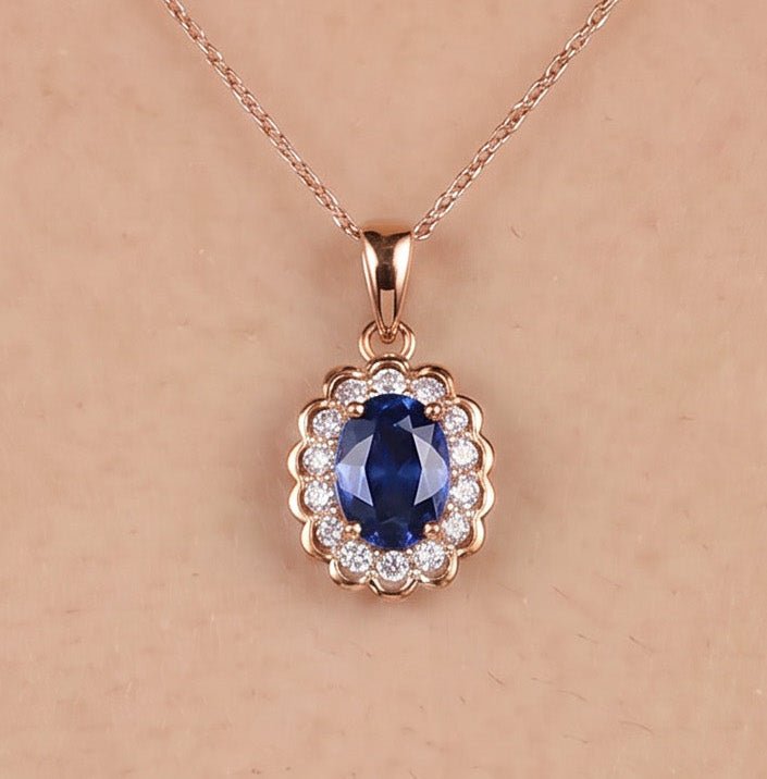0.90ct Natural Blue Sapphire Floral Halo Pendant in 14K Rose Gold - JewelryAndStore