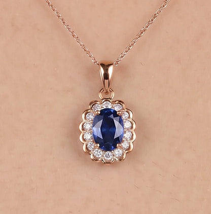 0.90ct Natural Blue Sapphire Floral Halo Pendant in 14K Rose Gold - JewelryAndStore