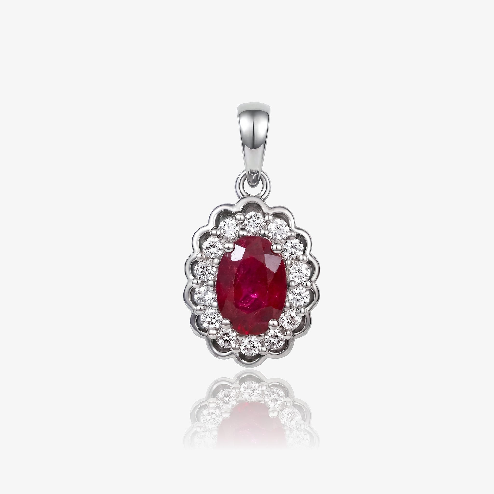 1.05ct Natural Ruby and Diamond Halo Pendant in 18K White Gold - JewelryAndStore