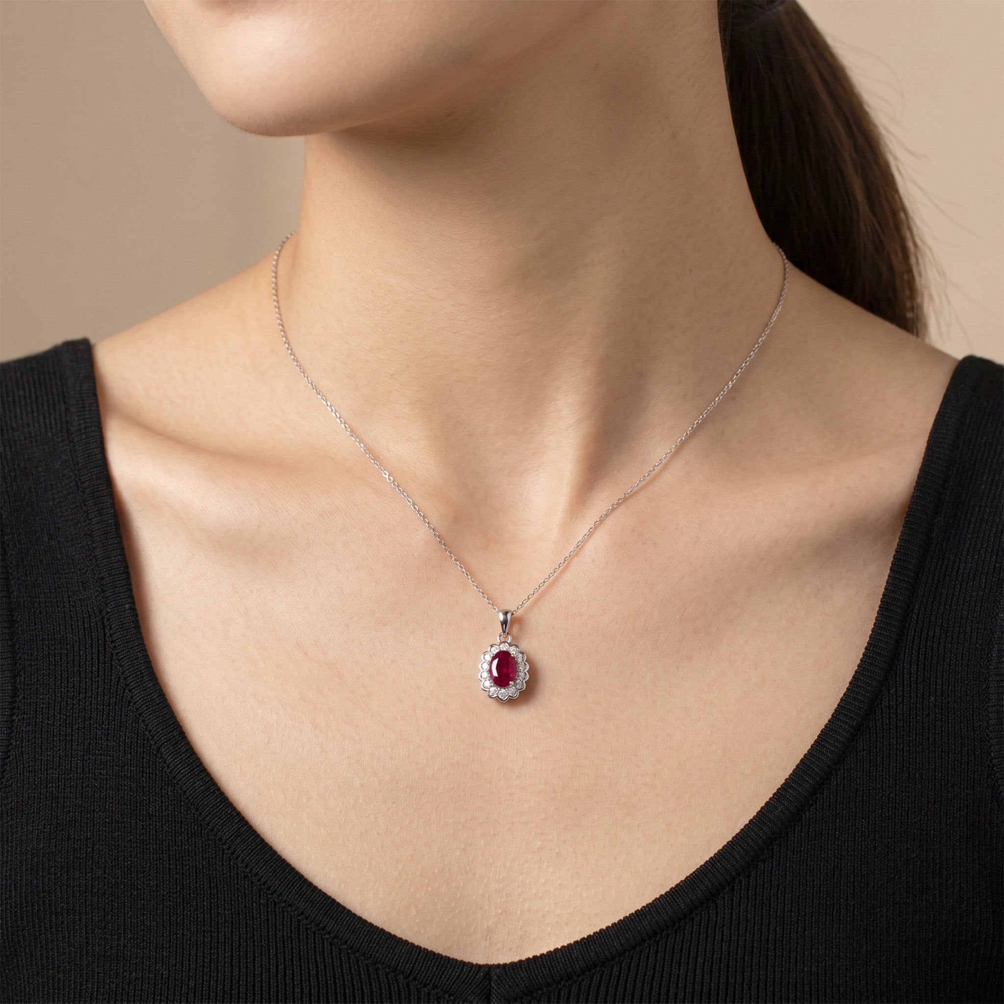 1.05ct Natural Ruby and Diamond Halo Pendant in 18K White Gold - JewelryAndStore