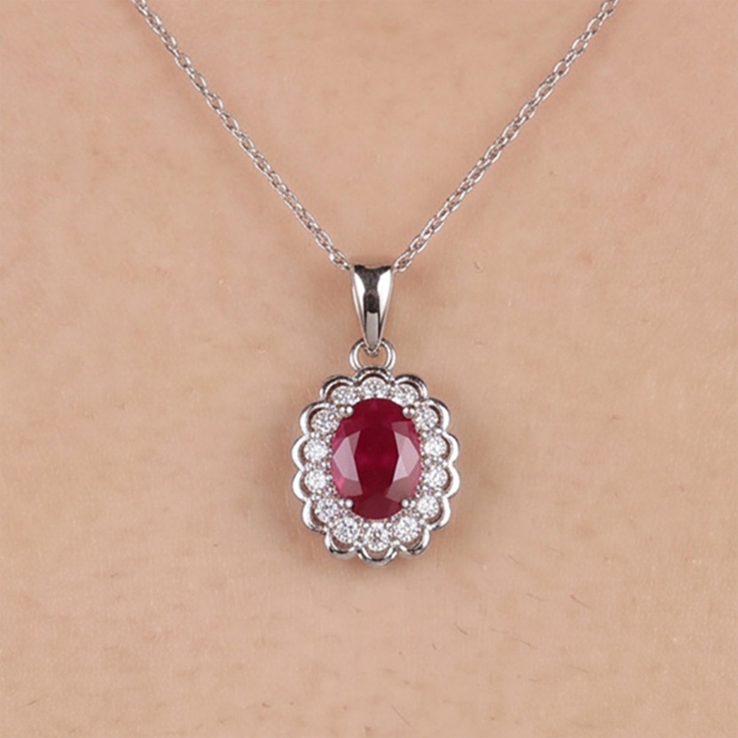 1.05ct Natural Ruby and Diamond Halo Pendant in 18K White Gold - JewelryAndStore