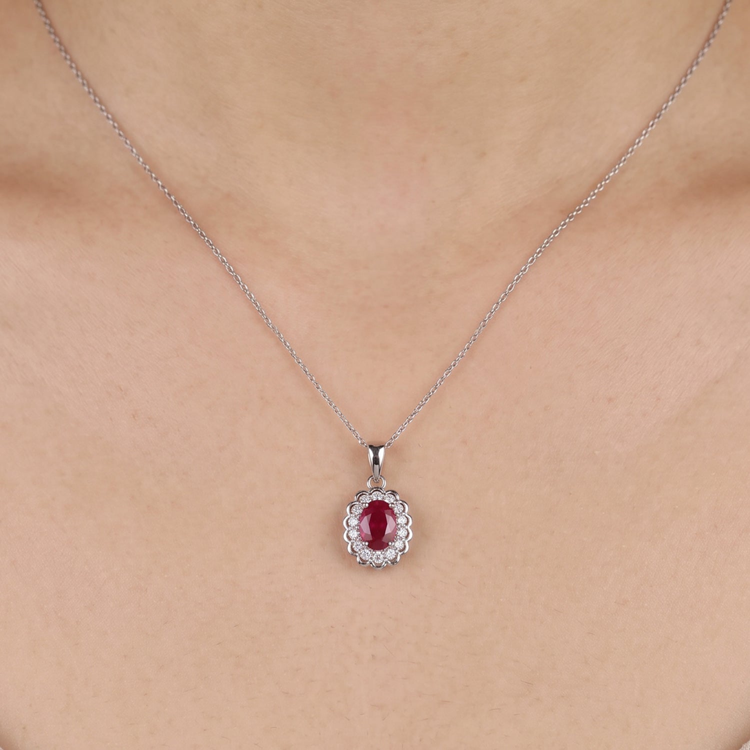 1.05ct Natural Ruby and Diamond Halo Pendant in 18K White Gold - JewelryAndStore
