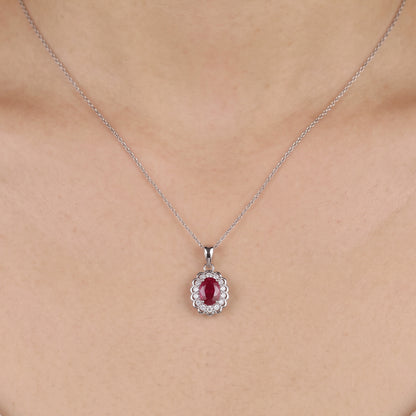 1.05ct Natural Ruby and Diamond Halo Pendant in 18K White Gold - JewelryAndStore