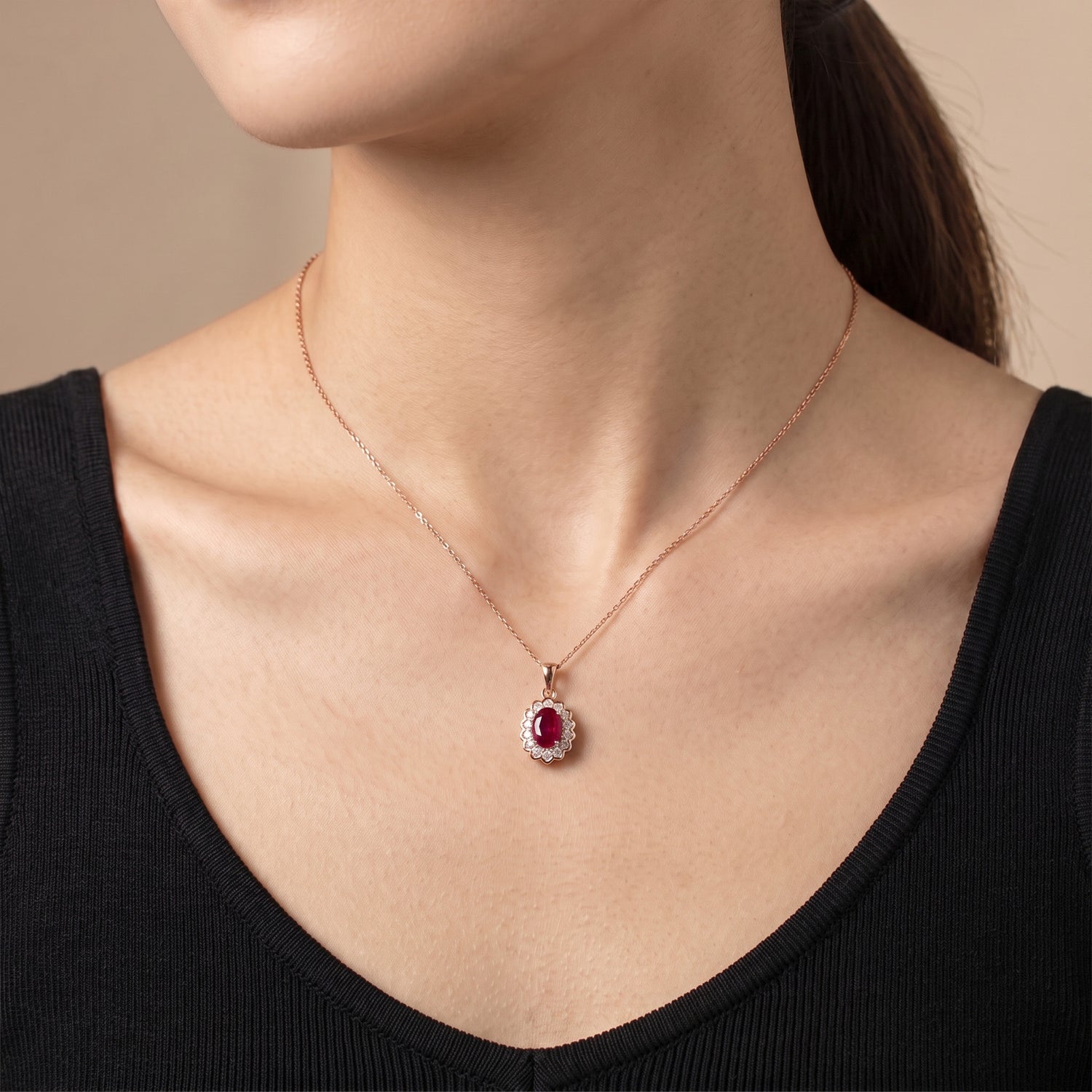 1.86ct Natural Ruby and Diamond Halo Pendant in 14K Rose Gold - JewelryAndStore