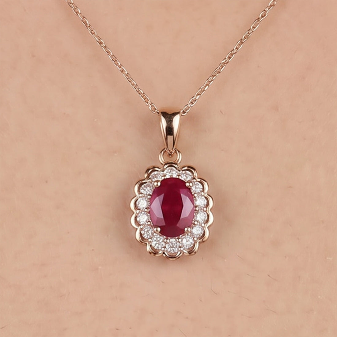 1.86ct Natural Ruby and Diamond Halo Pendant in 14K Rose Gold - JewelryAndStore