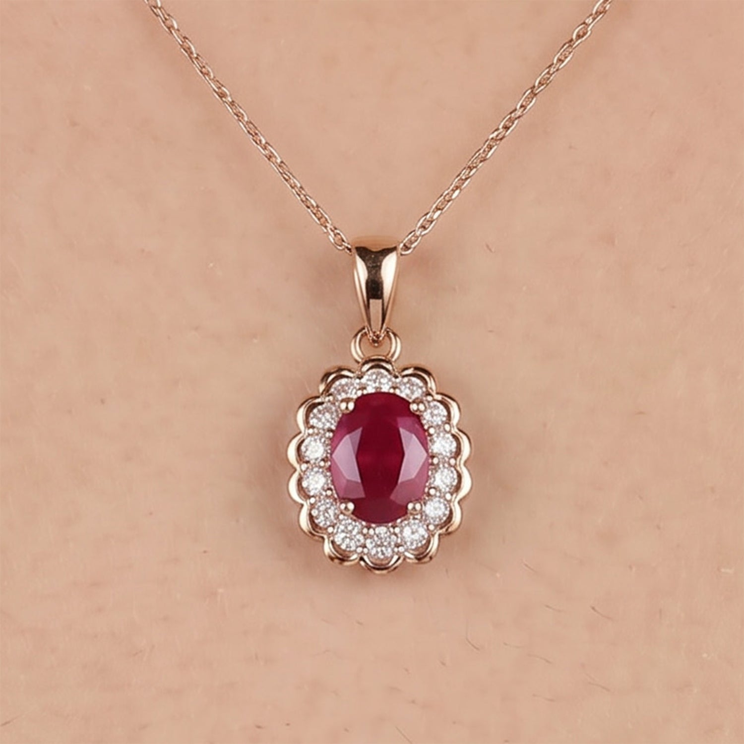 1.86ct Natural Ruby and Diamond Halo Pendant in 14K Rose Gold - JewelryAndStore