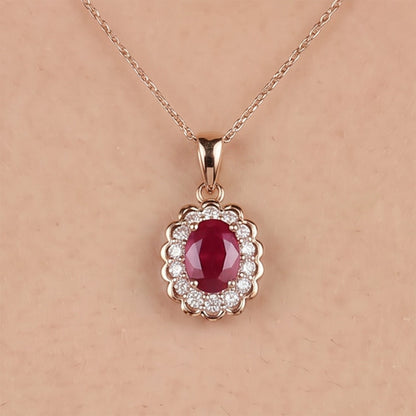 1.86ct Natural Ruby and Diamond Halo Pendant in 14K Rose Gold - JewelryAndStore