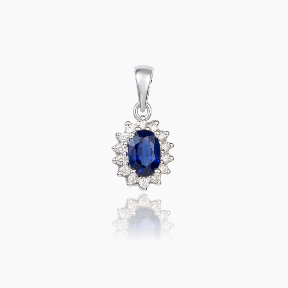 0.62ct Natural Blue Sapphire and Diamond Halo Pendant in 14K White Gold - JewelryAndStore