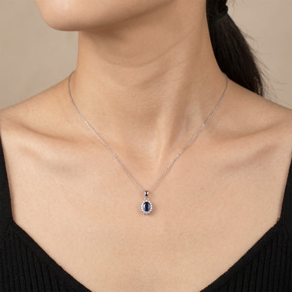0.62ct Natural Blue Sapphire and Diamond Halo Pendant in 14K White Gold - JewelryAndStore