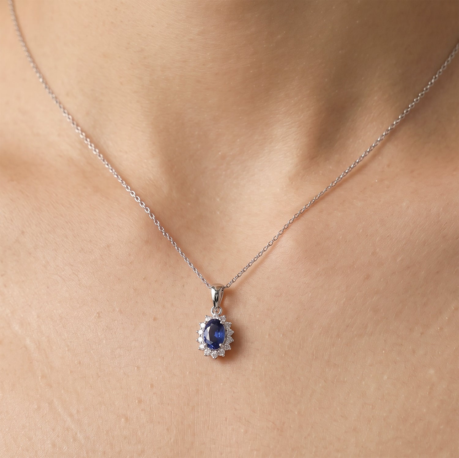 0.62ct Natural Blue Sapphire and Diamond Halo Pendant in 14K White Gold - JewelryAndStore