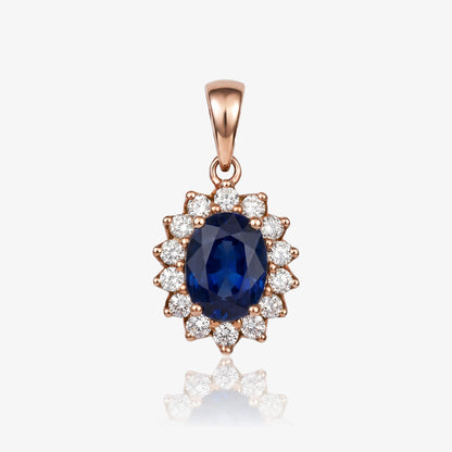 1.35ct Natural Blue Sapphire Floral Halo Pendant in 14K Rose Gold - JewelryAndStore