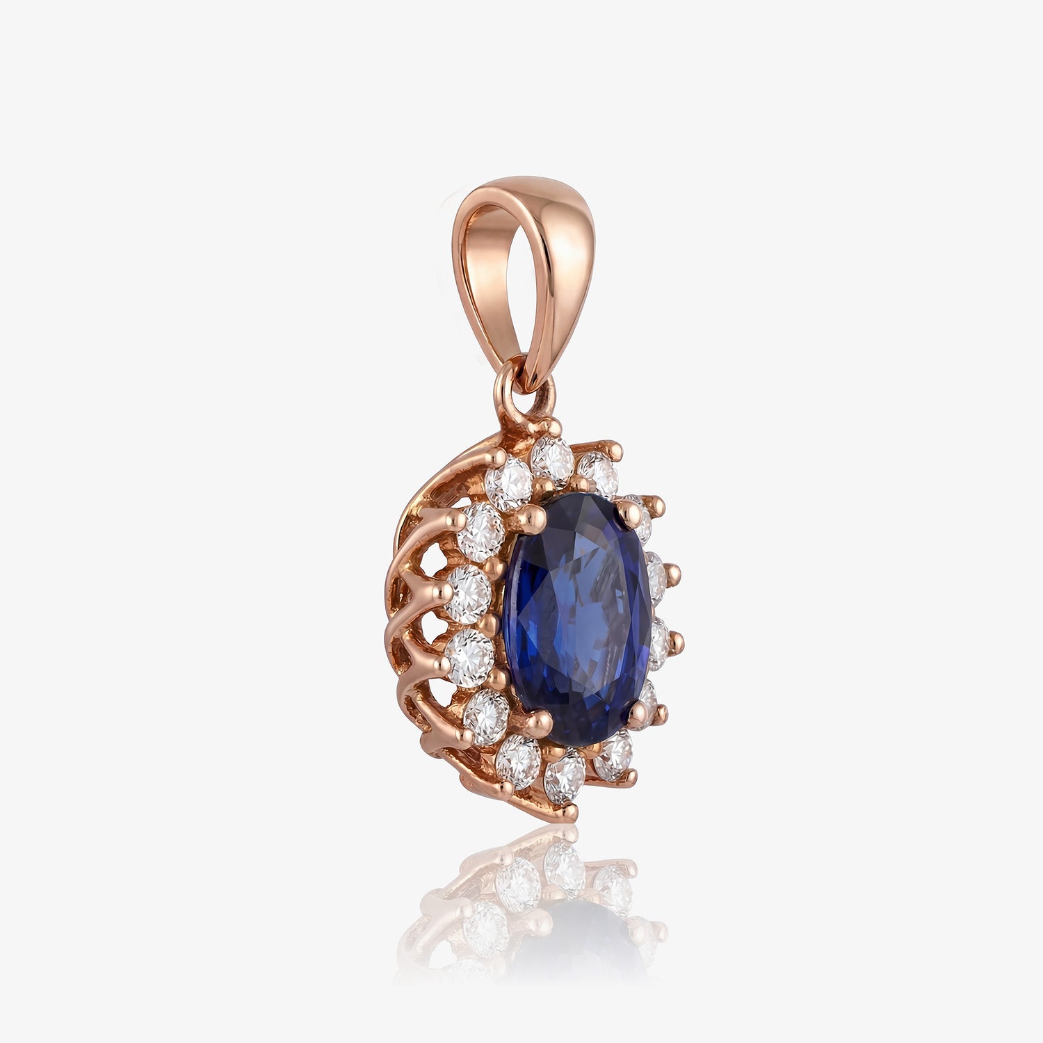 1.35ct Natural Blue Sapphire Floral Halo Pendant in 14K Rose Gold - JewelryAndStore