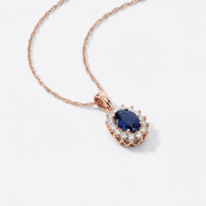 1.35ct Natural Blue Sapphire Floral Halo Pendant in 14K Rose Gold - JewelryAndStore
